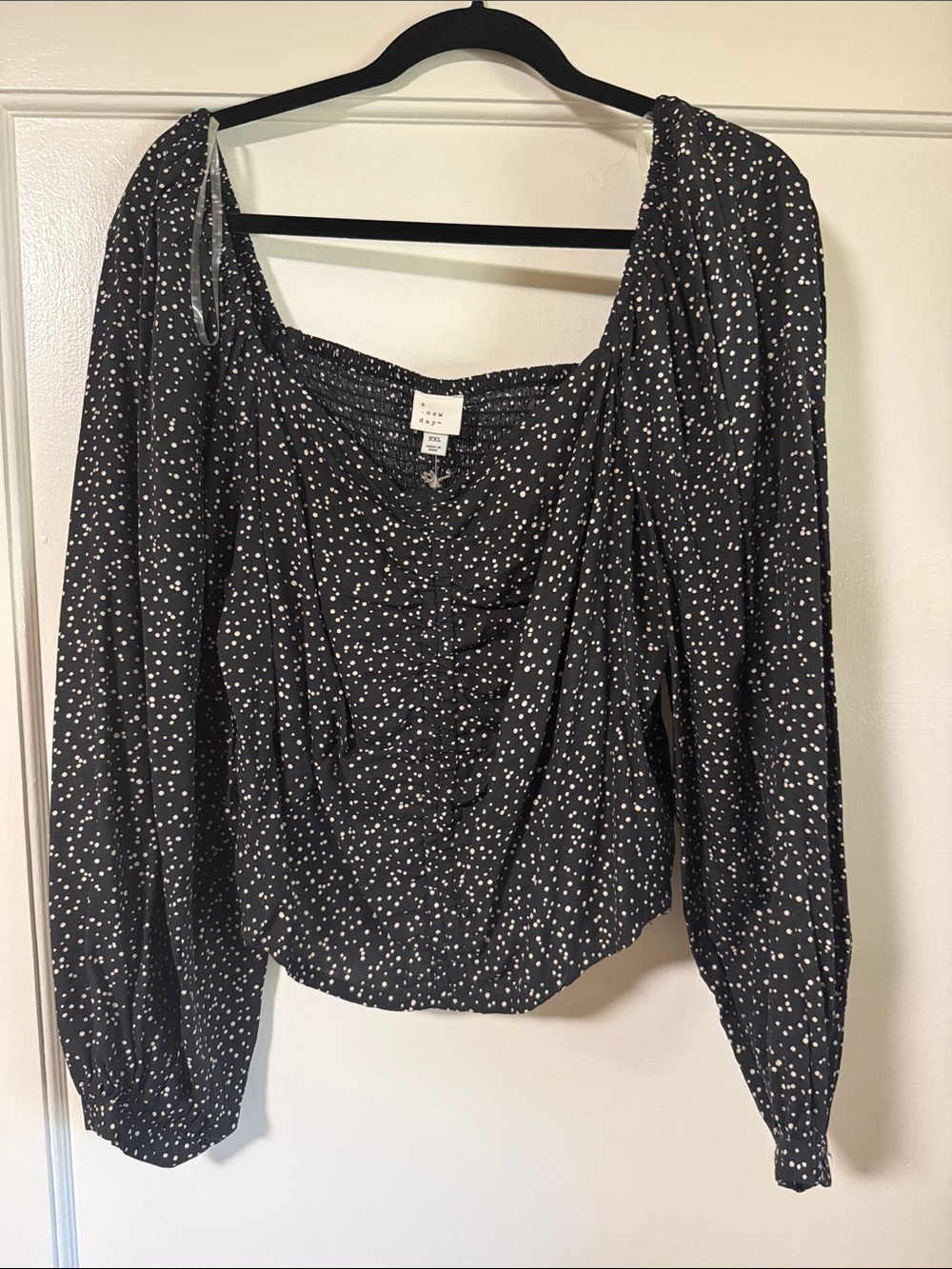 a new day Black White Polka Dot Peasant Blouse
